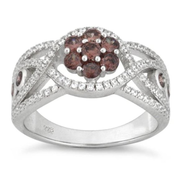 925 STERLING SILVER Chocolate Cubic Zirconia Cluster Ring - Picture 14 of 14